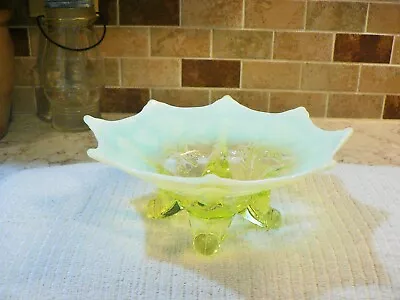 ANTIQUE DUGAN VASELINE OPAL Inverted Fan & Feather BOWL/CARD TRAY FOOTED 7.25  • $79.99