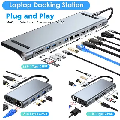 Laptop Docking Station USB-C HUB Type-C PD USB 3.0 Adapter 4K HDMI VGA TF SD • $48.99