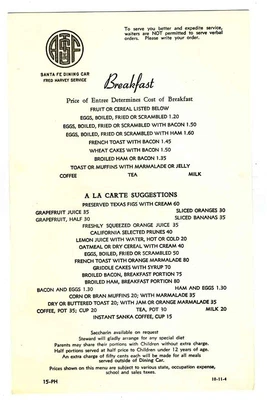 $50.07 • Buy Atchison Topeka & Santa Fe Dining Car Menu Fred Harvey Service 1944 ATSF