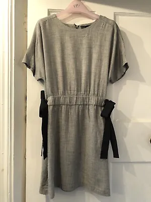 ZARA TRF COLLECTION Size M Light Grey Short Sleeve Mini Dress Black Side Ties  • £9.98