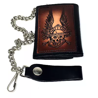 Vintage Biker Trifold Wallet With Chain Black & Brown Tooled Leather Skull Wings • $28.99