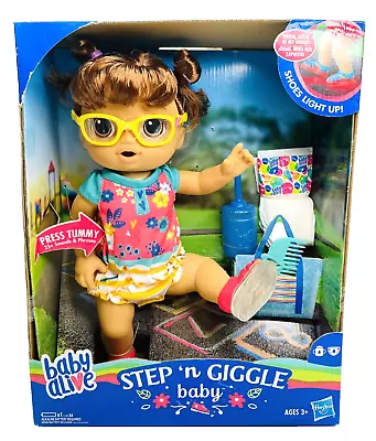 NIB Baby Alive Step N Giggle Brown Hair Brown Eyes Glasses Sounds Shoes Light Up • $86.93
