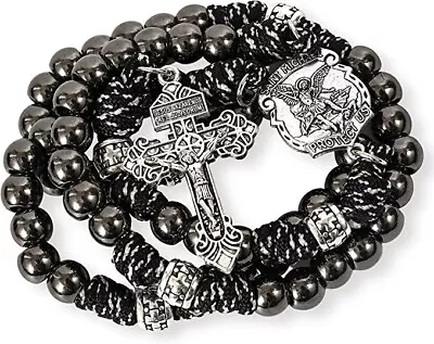 St. Michael Paracord Rosary Beaded Necklace Gun Black Metal Beads Men Rosary 20  • $29.93