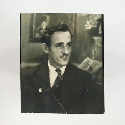 Smiling Little Mustache Man Photobooth Snapshot 1940s Necktie Coat Photo B3064 • $29.95