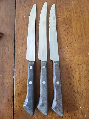 Vintage EKCO Flint Steak 4.5” Steak Knife Knives Set 3) Stainless Vanadium Wood • $17.09