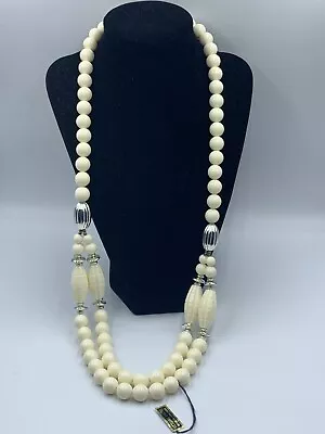 Vintage Necklace 26” White Lucite Round Silver Tome Accents Double Strand Beaded • $10