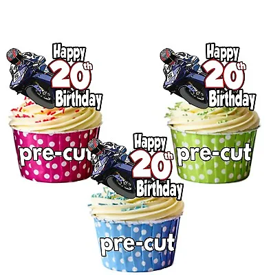 PRECUT Motorbike MotoGP Men Boys 12 Cupcake Toppers Birthday Decorations ANY AGE • £3.75