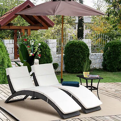 Garden Home 2pc Set Rattan Sun Lounge Recliner Folding Day Bed W/ Cushion Pool • £315.99