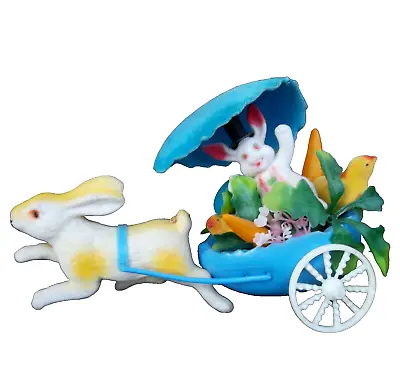 Vintage Flocked Easter Bunny Cart Rare Blow Mold Bunny Chicks Carrots Decoration • $39.99