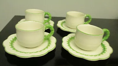 4 Italian Vietri Hand Painted Majolica Faience Green Leaves Tea Cups & Saucers! • $39.99