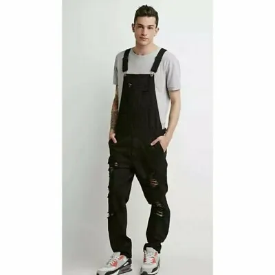 Mens Forever 21 Size XL Overalls Black Denim Jean Distressed Streetwear Grunge • $29.99