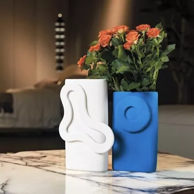 Ceramic Vases Set Of 4 Unique Modern Flower Vase Home Decor - 2 White - 2 Blue • $25.99