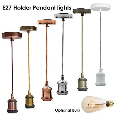 Vintage Industrial E27 Holder Pendant Light Ceiling Rose LED Hanging Retro Lamp • £10.99