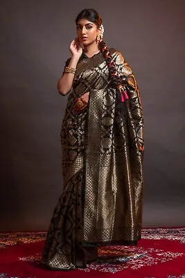 $37.05 • Buy Designer Indian Black Banarasi Silk Saree New Bollywood Wedding Wear Woven Sari