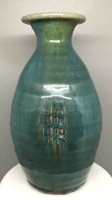 Signed Vintage Studio Art Pottery Bottle Vase Aqua Green Turquoise MCM • $45.50