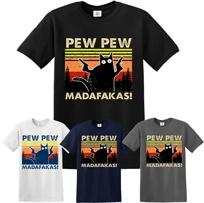 PEW PEW MADAFAKAS Vintage Funny T-Shirt Cat Retro Kitten Xmas Gift Mens Ladies  • £10.95