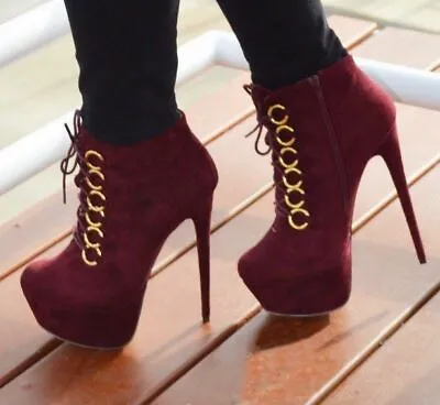 Women's Punk Round Toe High Heel Stiletto Platform Shoes Lace Up Ankle Boots New • $69.51
