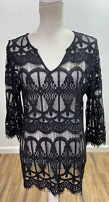 $19.99 • Buy Valerie Stevens Size Medium Black Lace Overshirt Top Women’s Transparent Tunic
