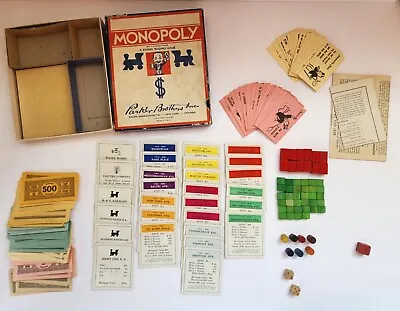 Vintage 1936 Monopoly Game Parker Brothers Blue Red Box Wooden Pieces NO Board • $74.99