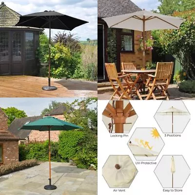 Garden Parasol Wooden Umbrella Outdoor Patio Sun Shade Pulley Canopy 2.4m • £32.99