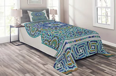 Moroccan Quilted Coverlet & Pillow Shams Set Eastern Ceramic Tile Print • $59.99