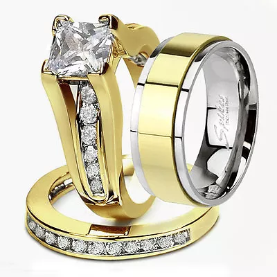 His & Hers 3Pcs Stainless Steel 14k Gold Plated Matching Wedding Ring Band Set • $29.49