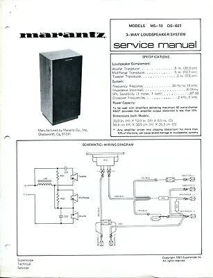 Vintage Marantz Model M-10/ DS-601 3-Way Loudspeaker System Service Manual • $9