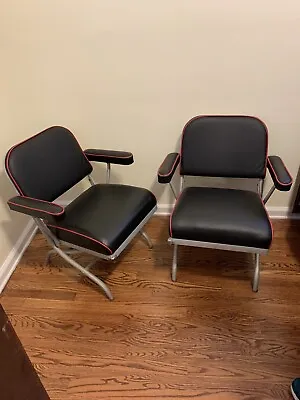 Warren McArthur Art Deco Machine  Age Folding Chairs (2) Leather Upholstery • $2000