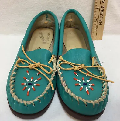 Minnehaha Moccasins Shoes Aqua Leather Child Size 10 Vintage Slip On Hard Sole • $10.99