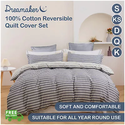 Dreamaker Miller Stripe 100% Cotton Reversible Quilt Cover Set Doona Duvet Cover • $39.95