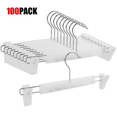 100Pack Plastic Clothes Skirt Trouser Pants Hanger With Adjustable Clips 12 Wide • $20.99