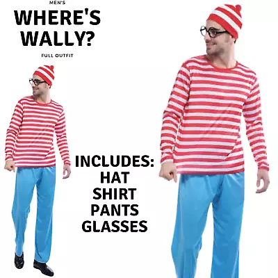 Men's Wheres Wally COSTUME FULL SET Party Hat Shirt Top Pants Book Week • $38.28