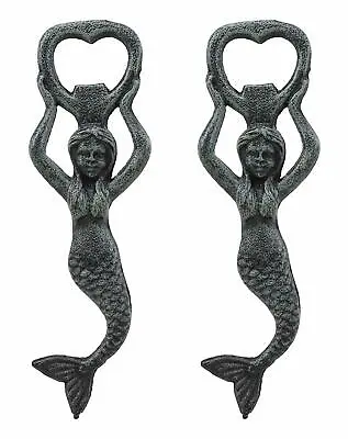 Rustic Verdigris Cast Iron Nautical Siren Mermaid Beer Bottle Opener Set Of 2 • $18.99