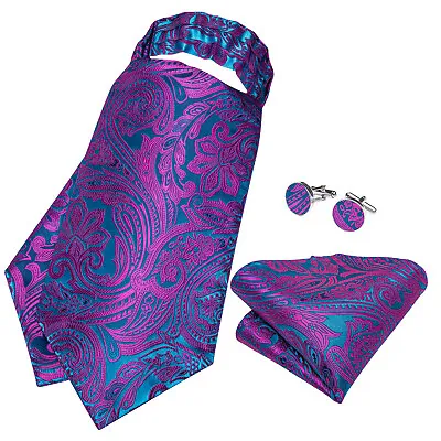 Mens Silk Blue Purple Paisley Cravat Ascot Tie Ring Necktie Hanky Cufflinks Set • £9.59