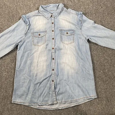 Matilda Jane Shirt Womens Medium Blue Chambray Button Pockets Good Hart • $39.99