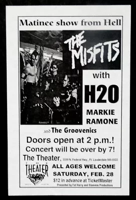 1998 MISFITS / MARKY RAMONE Ramones CONCERT FLYER Handbill Poster FT LAUDERDALE • $29.95