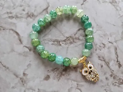 Green Stretchy Handmade Bracelet With Gold Owl Pendant Rhienstone For Women *UK* • £3.80