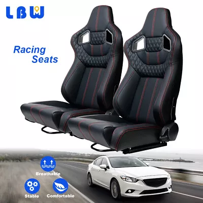 1 Pair PU Leather Bucket Reclinable Racing Seats Red Vertical Line W/2 Sliders • $401.05