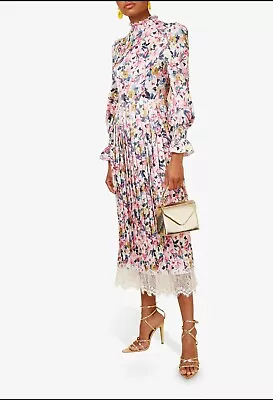 Little Mistress Pleated Floral Dress With Lace Hem Size 12 BNWT • £48