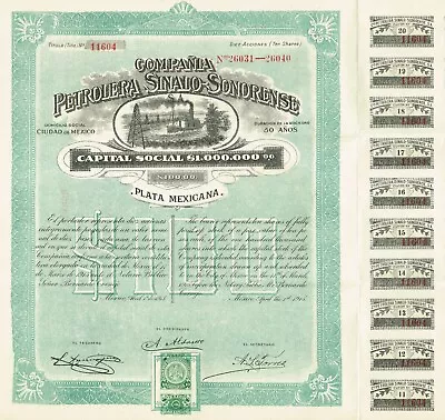 MEXICO SINALO-SONORENSE PETROLEUM COMPANY  Stock/bond Certificate W/COUPONS • $49.99