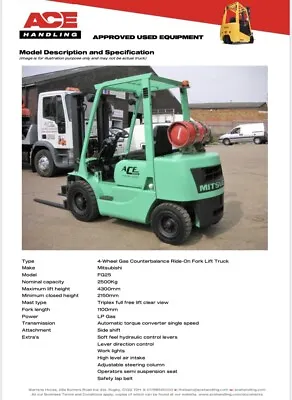 £37.43 • Buy Mitsubishi FG25 Gas Forklift Hire £57.50pw Buy £7495 Or £37.43pw Container Spec