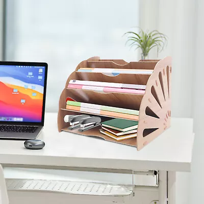 Fan-Shaped Desk File Organizer 5 Compartment Magazine Holder Brown Letter Tray • $19.95