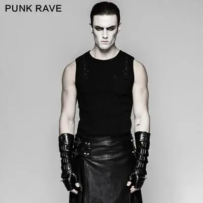 Punk Rave Steampunk Black Men's Biker Leather Gloves Delicate Mesh Long Gloves • $52.79