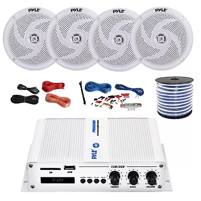 Pyle Marine 4-Channel Bluetooth Amp + Kit 4x 4  White Speakers 18-G 50 Ft Wire • $164.49