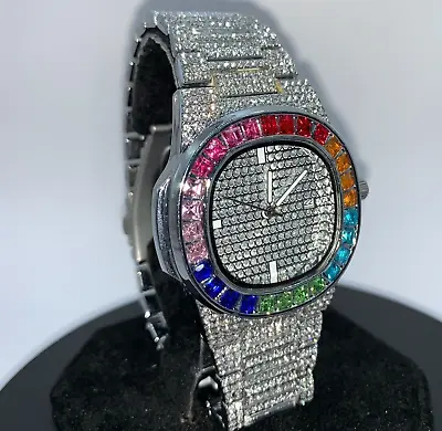 Unisex Iced Out Silver Colour Rainbow Stones Luxury Quartz Watch Wristwatch • £24.99