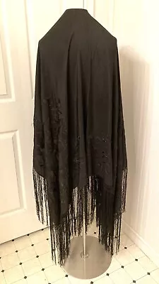 Antique Victorian Black Silk Piano Shawl Embroidered Flowers 11  Fringe • $129.99