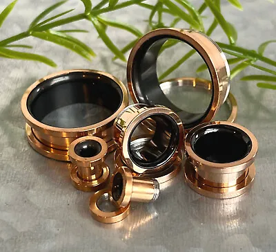 PAIR Rose Gold With Black Interior Screw Fit Tunnels Ear Plugs Earlet Gauges • $13.95