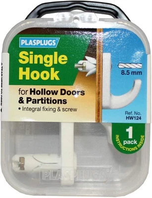 £3.49 • Buy Plasplugs Single Hollow Door & Partition Hook Integral Fixing Hooks Hw124