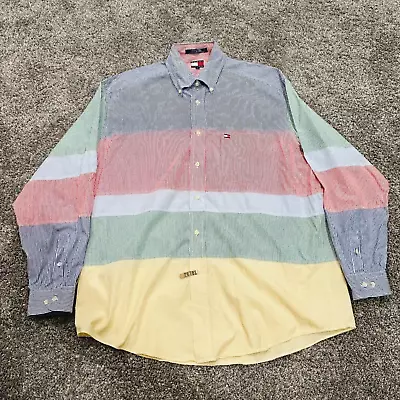 Vintage Tommy Hilfiger Striped Color Block Button Up Collared Shirt Men’s Large • $34.99