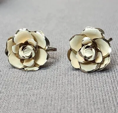 Vintage Coro Gold-tone Cream Enamel Rose Flowers Screw Back Stud Earrings Signed • $13.50